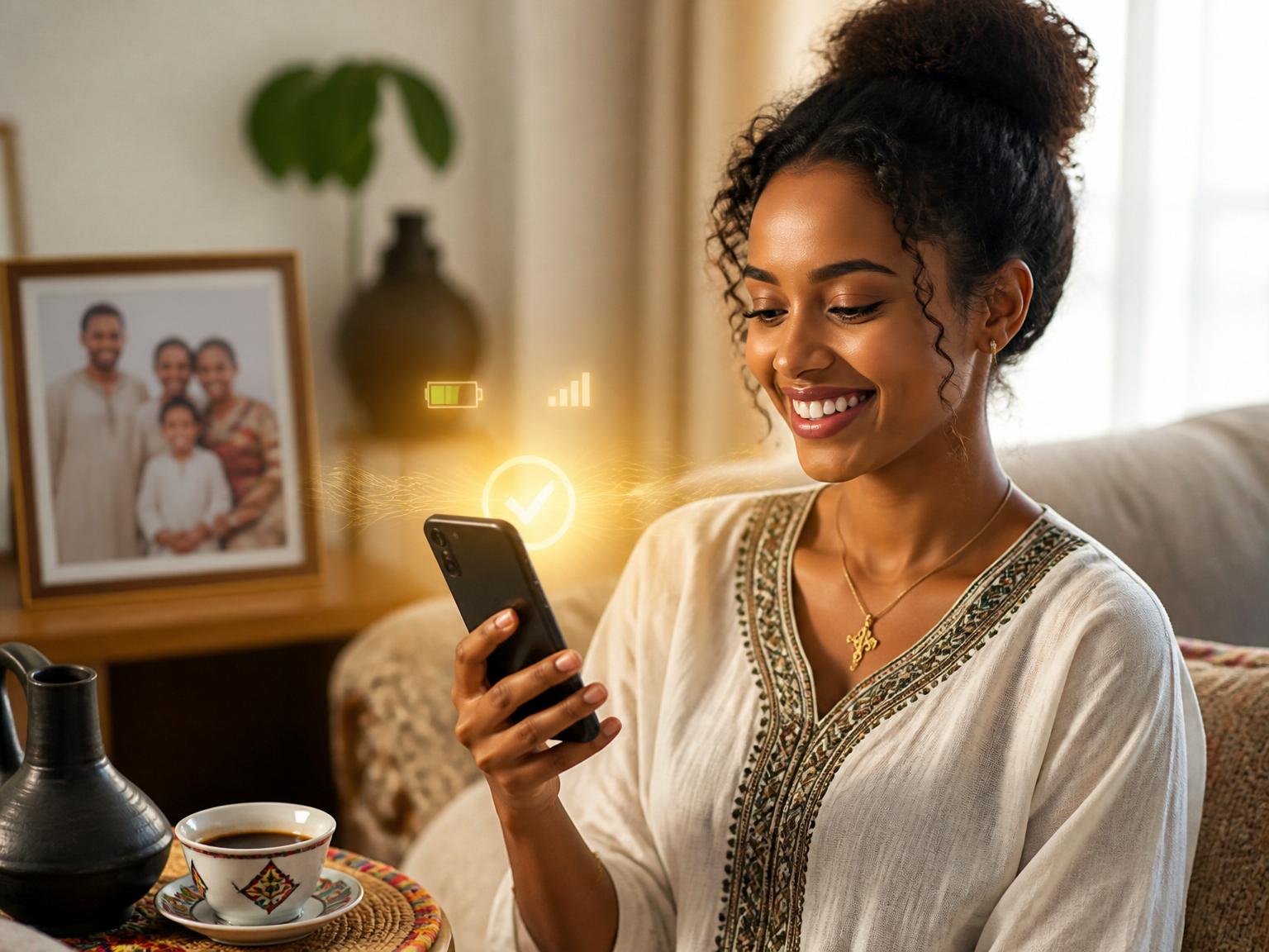 Woman in Ethiopia receiving an instant mobile airtime top-up